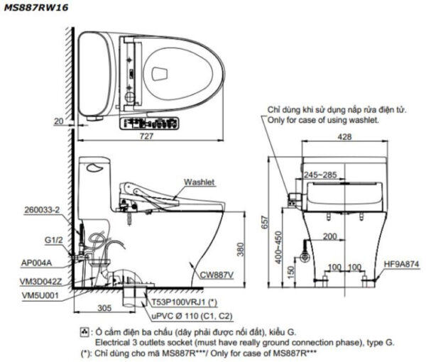 Bồn cầu 1 khối TOTO, kèm nắp rửa điện tử WASHLET dòng C2 - MS887RW16 - Ảnh 3