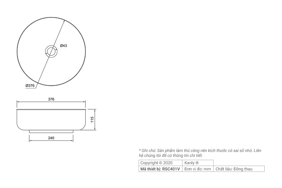CHẬU RỬA BẰNG ĐỒNG THAU KANLY - RSC401V - Ảnh 2