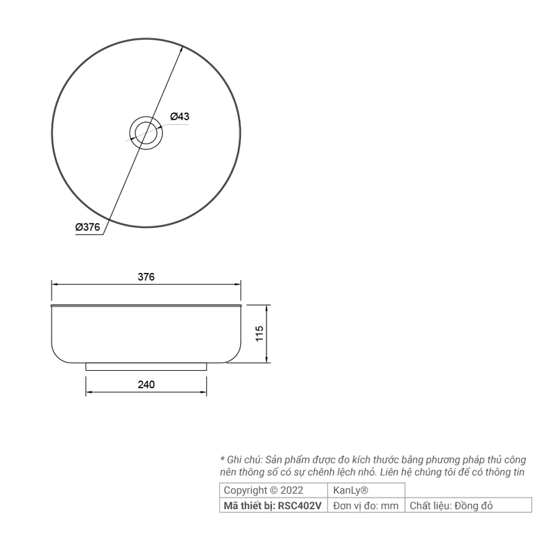 CHẬU RỬA BẰNG ĐỒNG THAU KANLY - RSC402V - Ảnh 3
