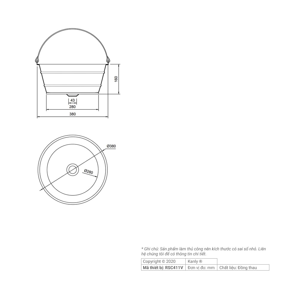 CHẬU RỬA BẰNG ĐỒNG THAU KANLY - RSC411V - Ảnh 2