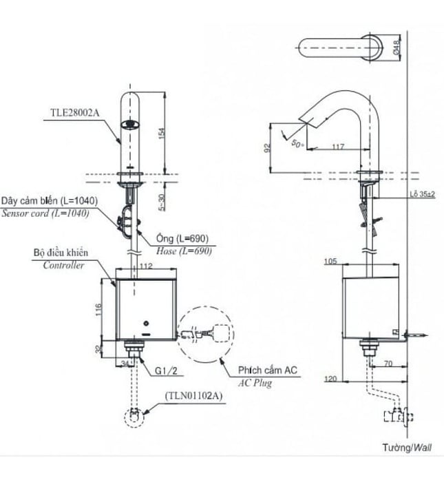 BỘ ĐIỀU KHIỂN VÒI CẢM ỨNG TOTO KÈM DÂY CẤP , VAN DỪNG - TLE01502A1/TLN01102A (LOẠI DÙNG PIN) - Ảnh 2