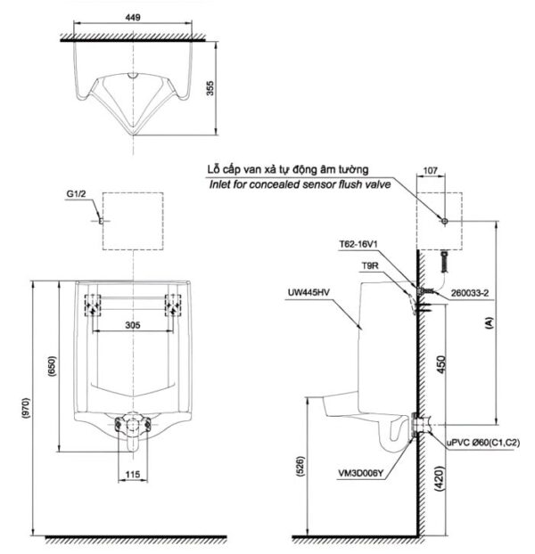 TIỂU NAM TREO TƯỜNG TOTO CẢM ỨNG TỰ ĐỘNG UT445H - Ảnh 4