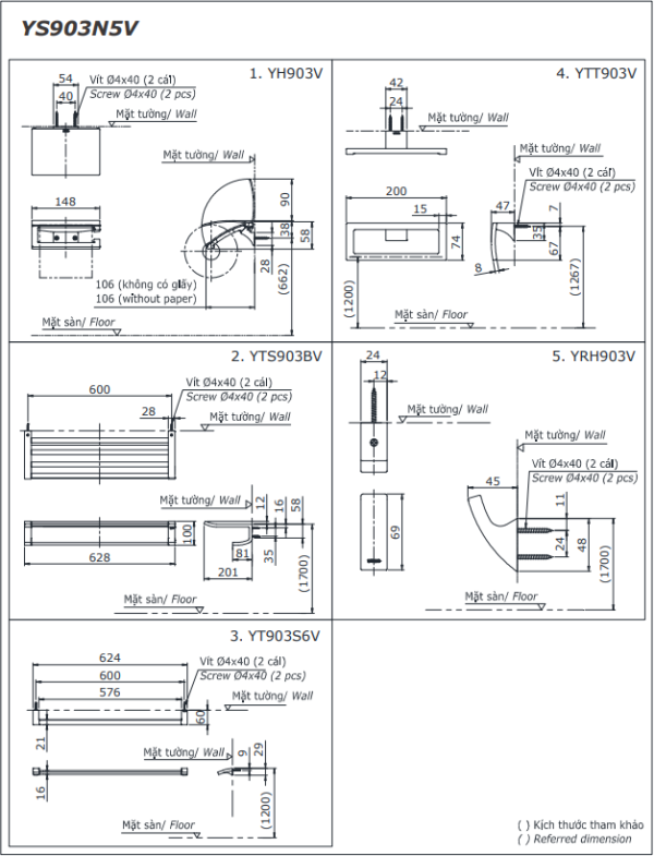 BỘ 5 SẢN PHẨM PHỤ KIỆN THIẾT BỊ NHÀ TẮM TOTO YS903N5V - Ảnh 2