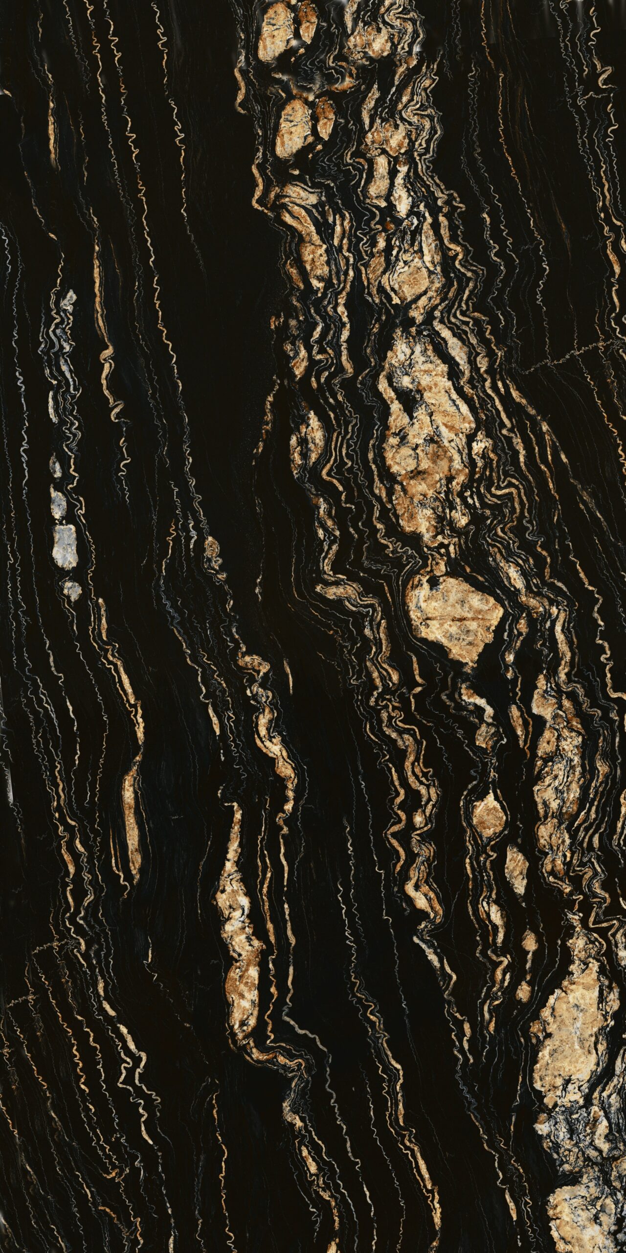 Đá hoa Fossil Noir mang vẻ đẹp huyền bí, mãnh liệt tựa dung nham núi lửa.