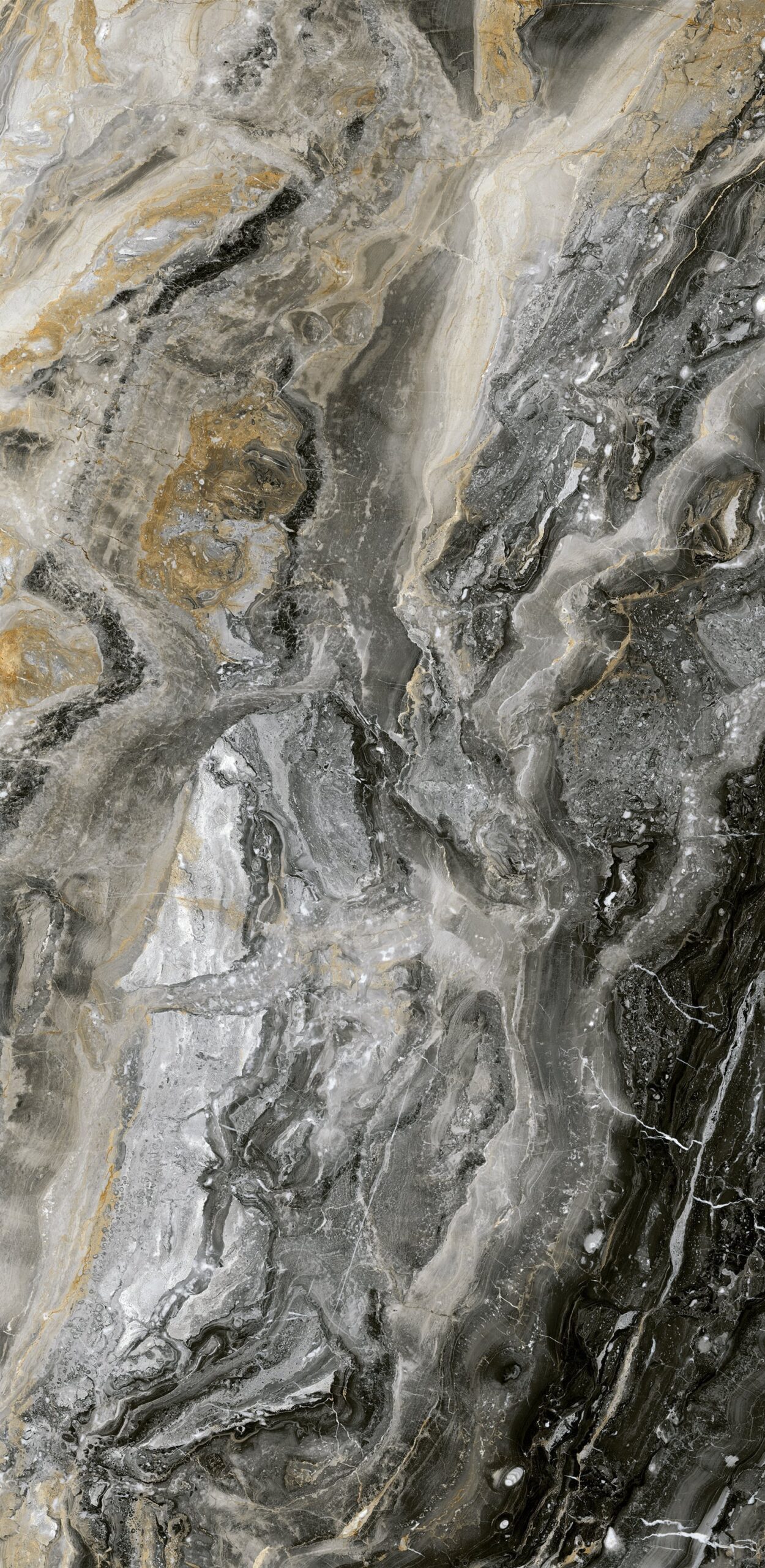 Slabstone Orobico Noir với tông màu xám đậm, điểm xuyết các sợi màu be và caramel thời thượng