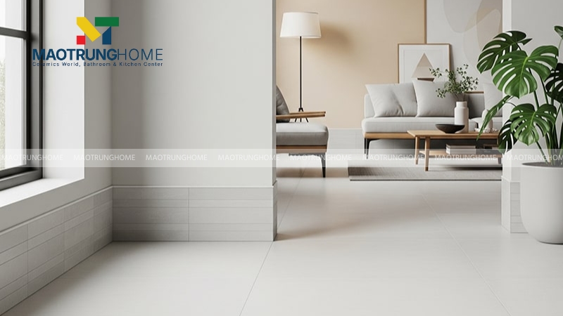 Đối với phòng khách nhỏ, bạn nên ưu tiên sử dụng gạch ốp chân tường thấp