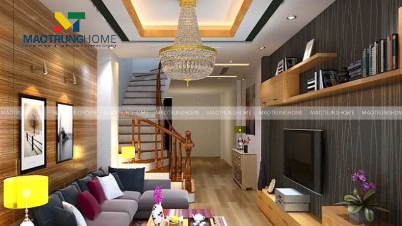 Sử dụng gạch ốp tường cho phòng khách nhà ống mang lại nhiều lợi ích vượt trội