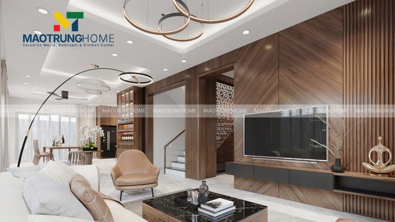 Gạch giả gỗ ốp tường phòng khách