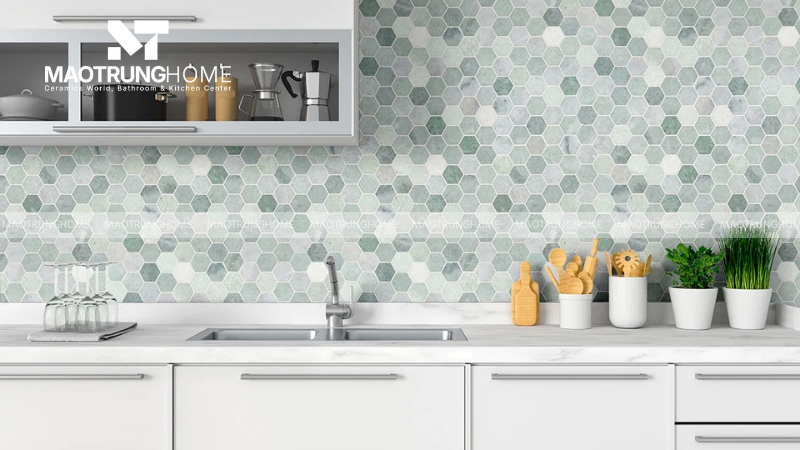 Mẫu gạch mosaic ốp nhà bếp: Mosaic lục giác (Mẫu 2).