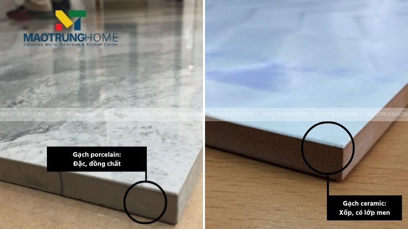 Phân biệt chất liệu gạch cốt lõi: Porcelain và ceramic.