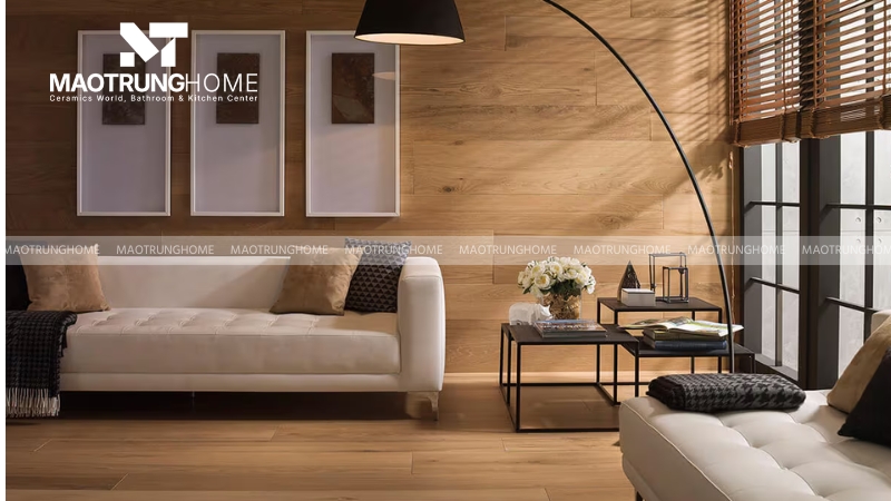 Gạch ốp tường phòng khách giả gỗ (Mẫu 1).