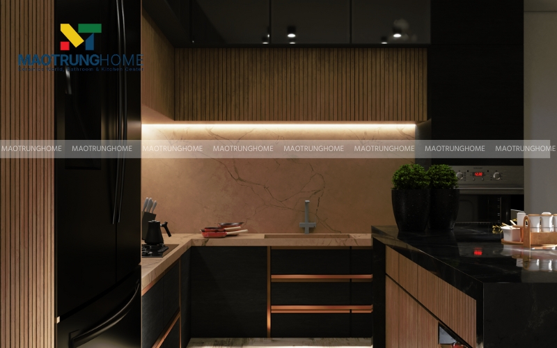 Phòng bếp ốp gạch Porcelain vân đá 