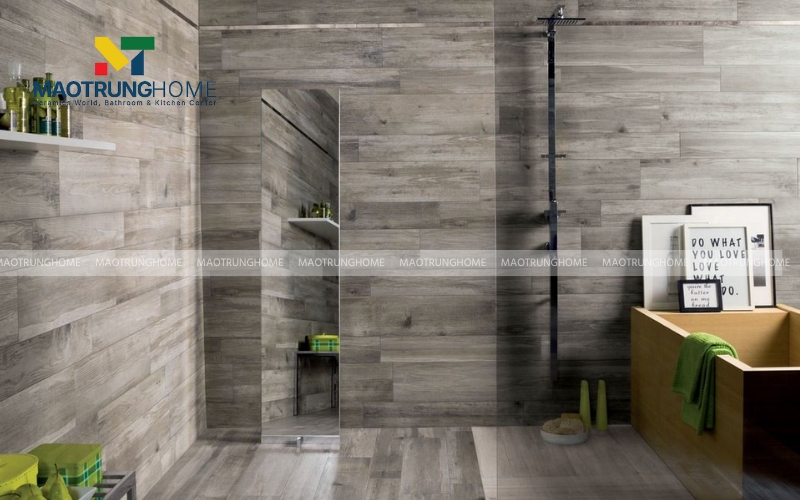 Gạch Porcelain giả gỗ màu tối trong nhà vệ sinh