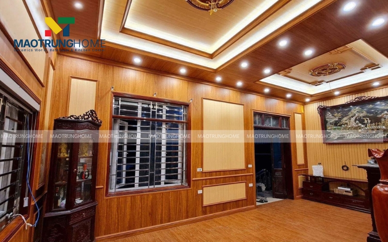 Gạch giả gỗ men bóng tone ấm ốp phòng khách