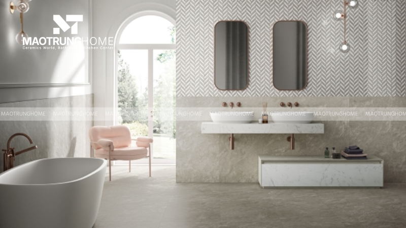 Sử dụng gạch khổ lớn 60x60cm cho sàn nhà vệ sinh mang lại nhiều lợi ích thiết thực