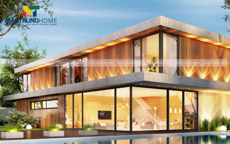 Ngôi nhà ốp gạch giả gỗ màu vàng nâu sang trọng