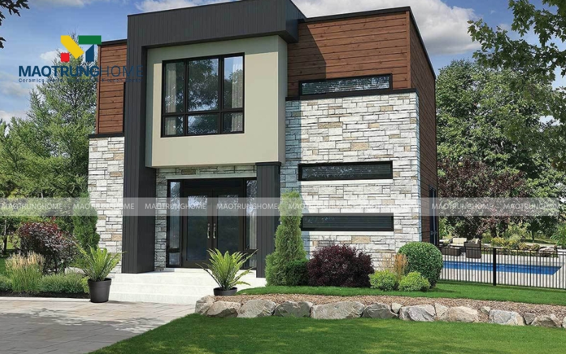 Gạch giả gỗ ốp tường nhà ống kết hợp gạch giả đá