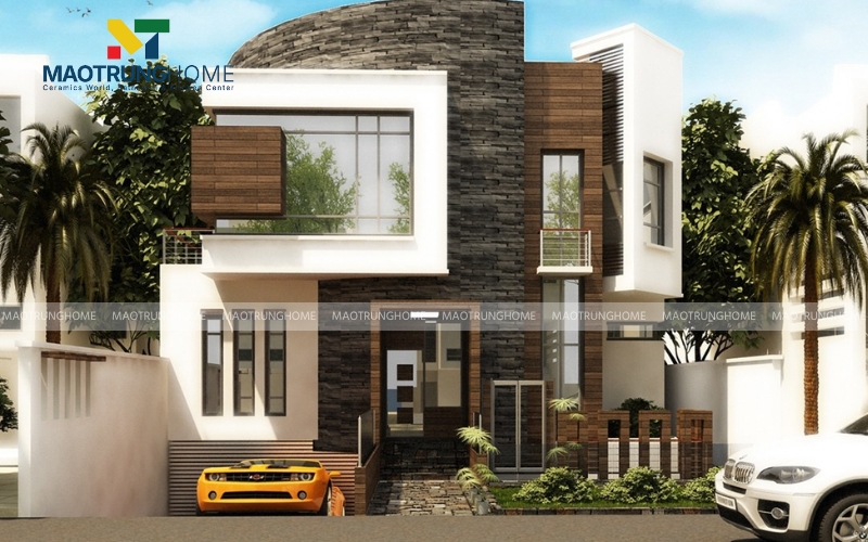 Gạch giả gỗ màu tối kết hợp gạch giả đá ốp tường nhà ống