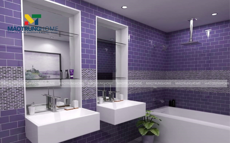 Phòng tắm ốp gạch thẻ tím theo chiều ngang xen kẻ độc đáo