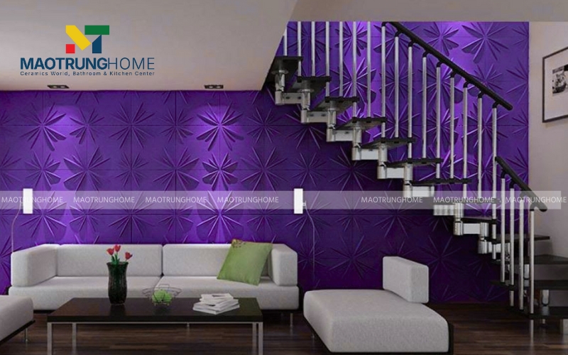 Phòng khách ốp gạch họa tiết 3D màu tím