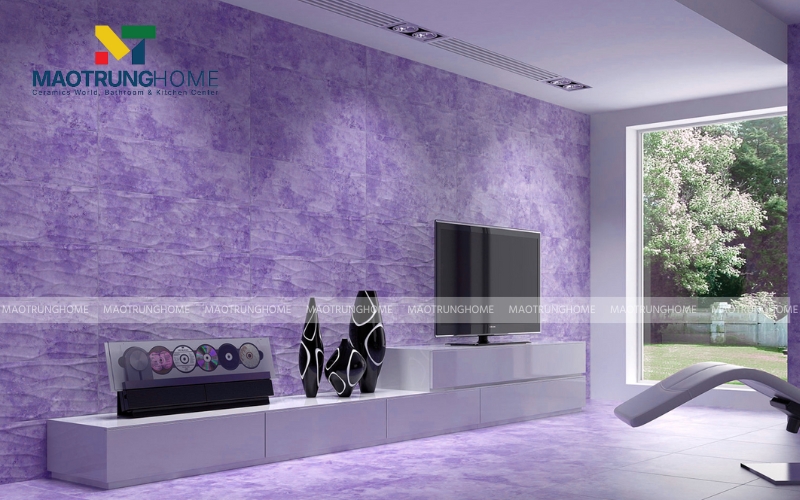Phòng khách ốp gạch vân đá màu tím khổ lớn