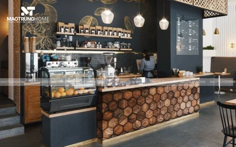 Quán coffee gạch hexagon giả gỗ