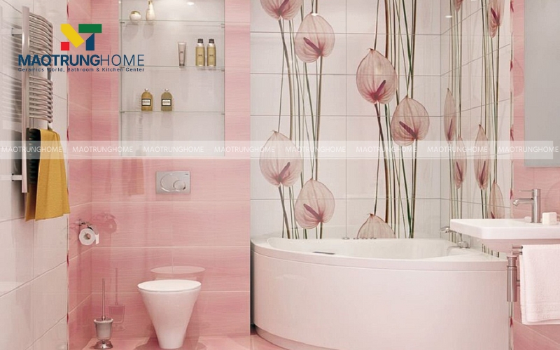Nhà vệ sinh ốp gạch thẻ màu hồng pastel nhẹ nhàng