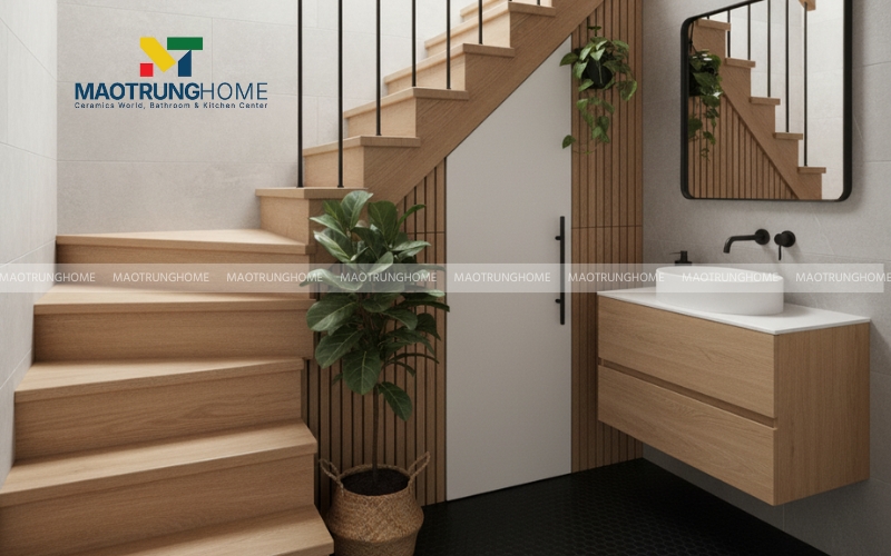 Nhà vệ sinh đơn giản dưới gầm cầu thang gỗ