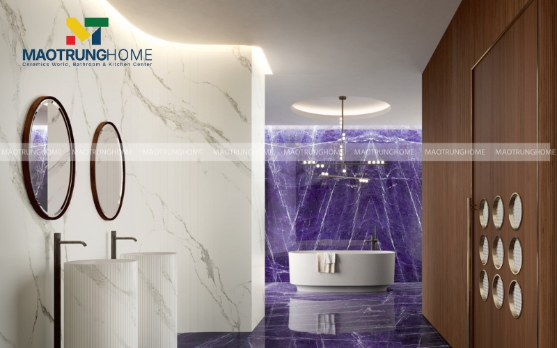 Góc phòng ốp đá vân tím khổ lớn phù hợp cho gia chủ mệnh thổ