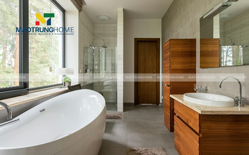 Nội thất nhà tắm ngoài trời rustic làm từ gỗ