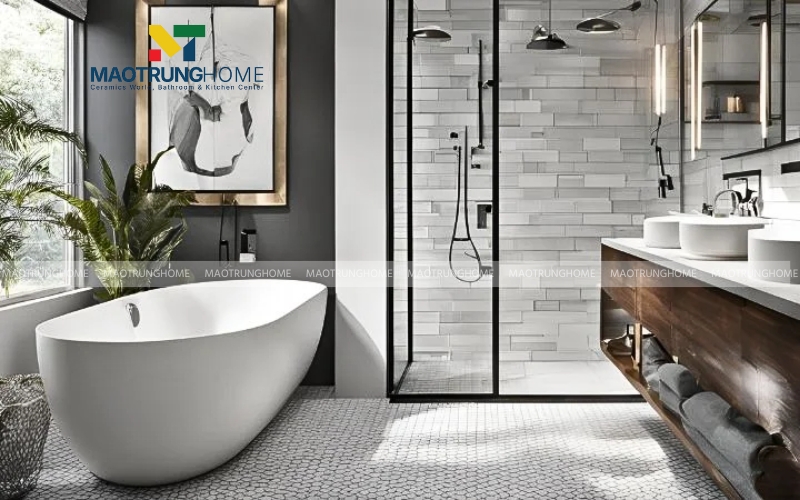 Phòng tắm nhỏ hiện đại với tủ lavabo treo tường và gương đèn LED thông minh