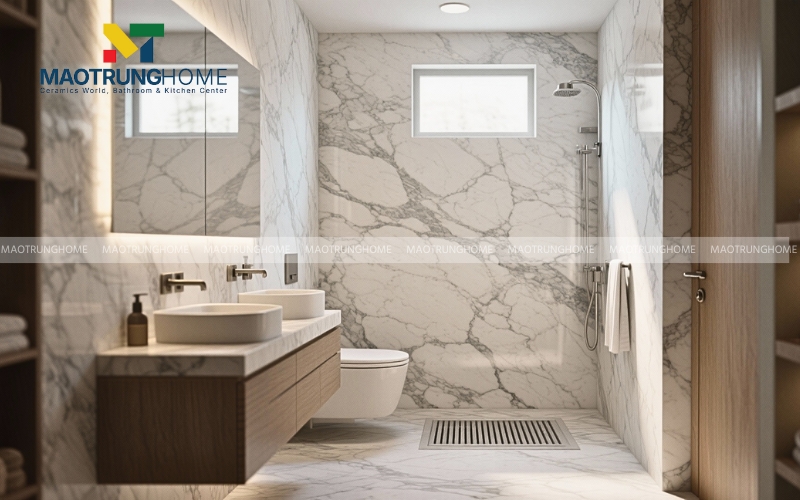 Thiết kế nhà vệ sinh nhỏ hiện đại ốp gạch vân đá marble sang trọng