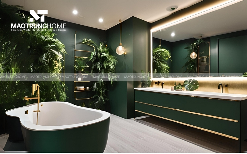 Trang trí nhà vệ sinh nhỏ với chậu cây treo tường tạo không gian xanh mát