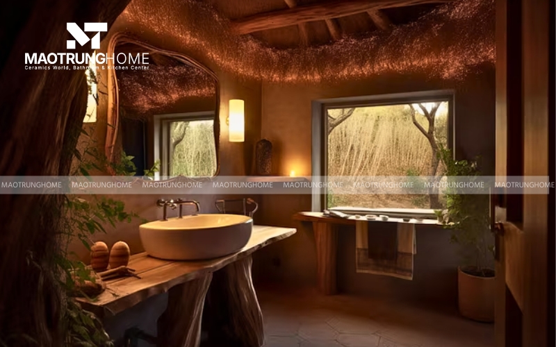 Góc lavabo nhà vệ sinh nhỏ được tô điểm bằng thiết kế như hang động độc đáo