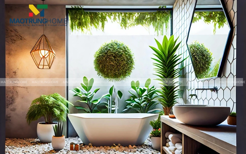 Kệ gỗ trong nhà vệ sinh nhỏ trưng bày các chậu cây xanh giúp thanh lọc không khí