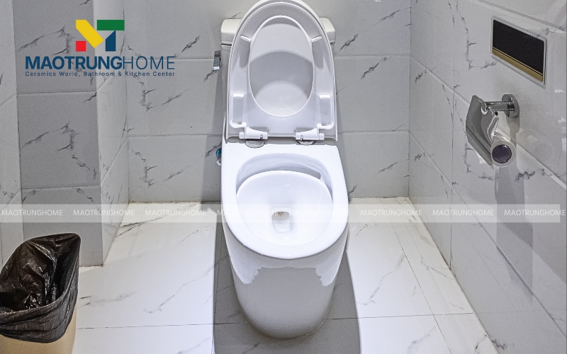 Thiết kế nhà vệ sinh nhỏ với gạch ốp tường màu trắng vân đá