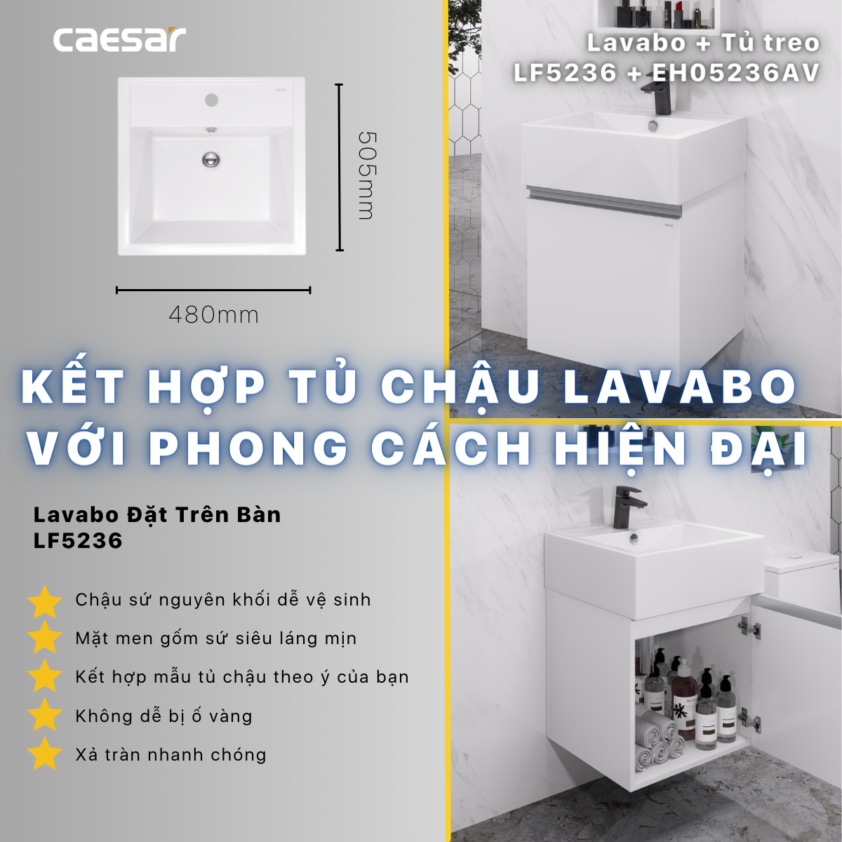 Lavabo + Tủ Treo - LF5236 + EH05236AV - Ảnh 13