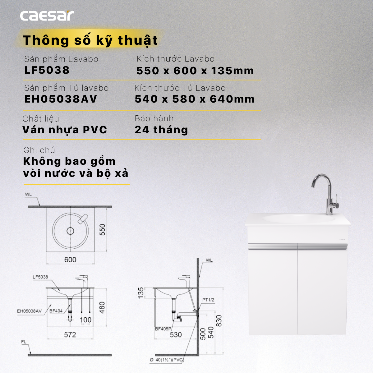 Lavabo + Tủ Treo - LF5038 + EH05038AV - Ảnh 15
