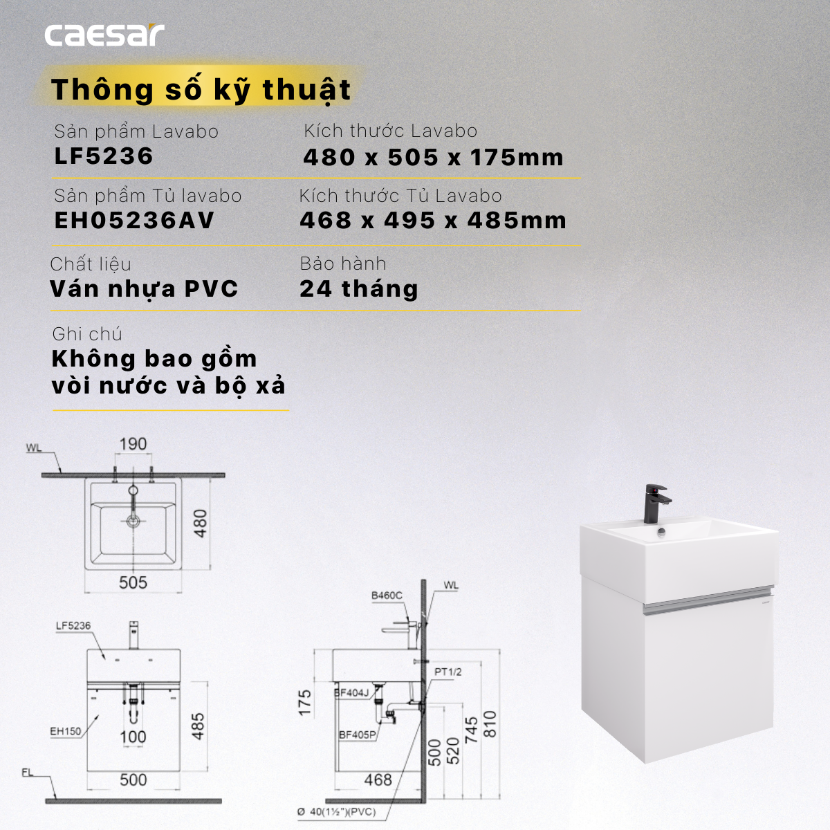 Lavabo + Tủ Treo - LF5236 + EH05236AV - Ảnh 15
