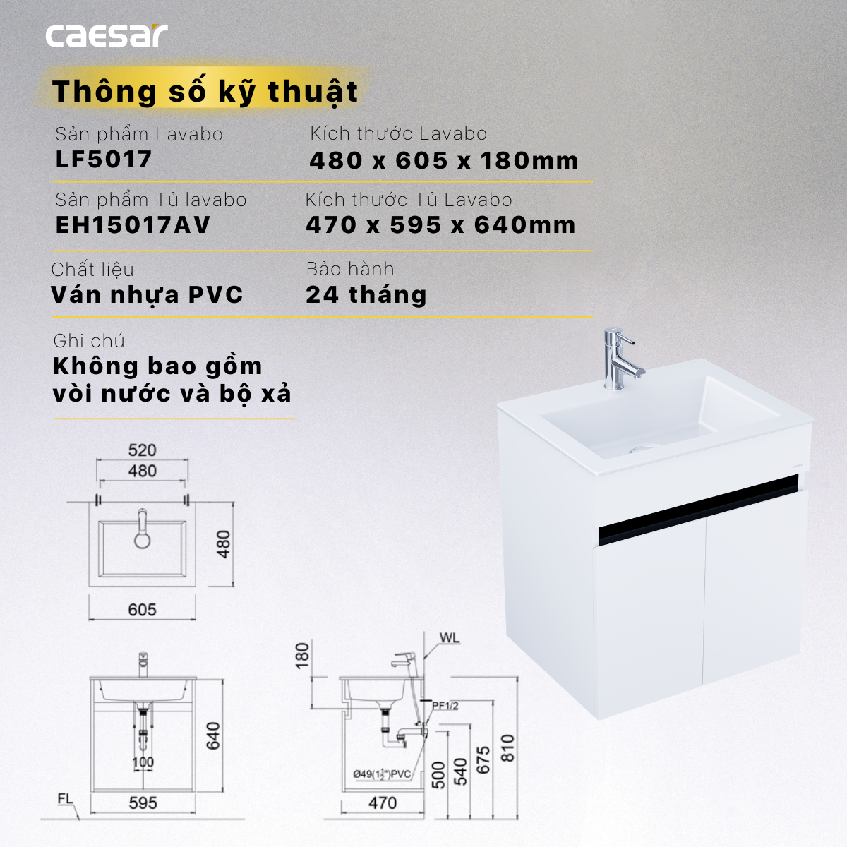 Lavabo + Tủ treo LF5017 + EH15017AV - Ảnh 15