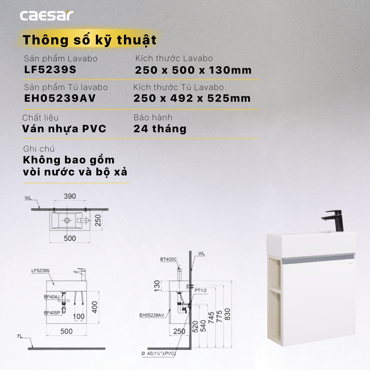Lavabo + Tủ Treo - LF5239S + EH05239AV - Ảnh 15