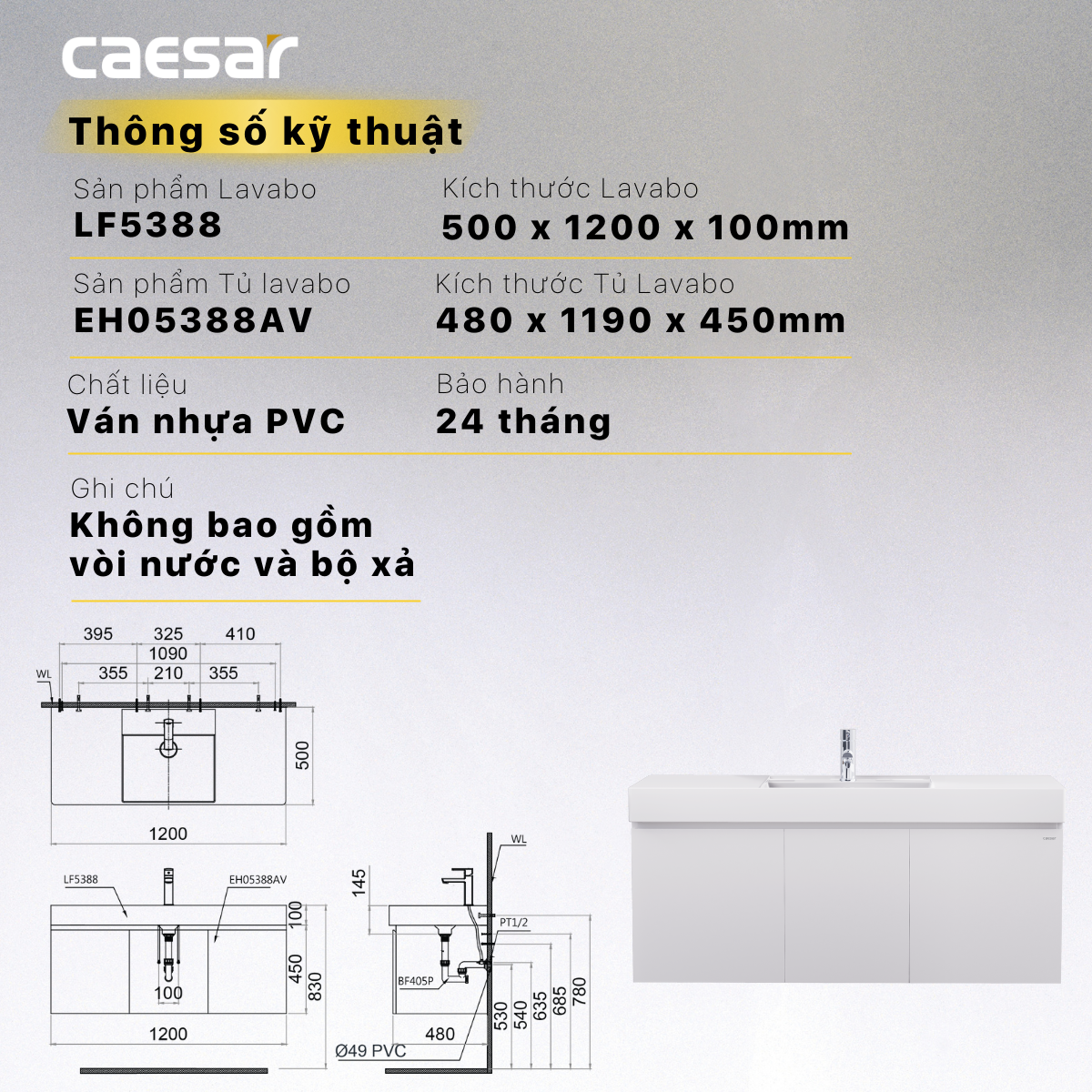 Lavabo + Tủ treo - LF5388 + EH05388AV - Ảnh 15