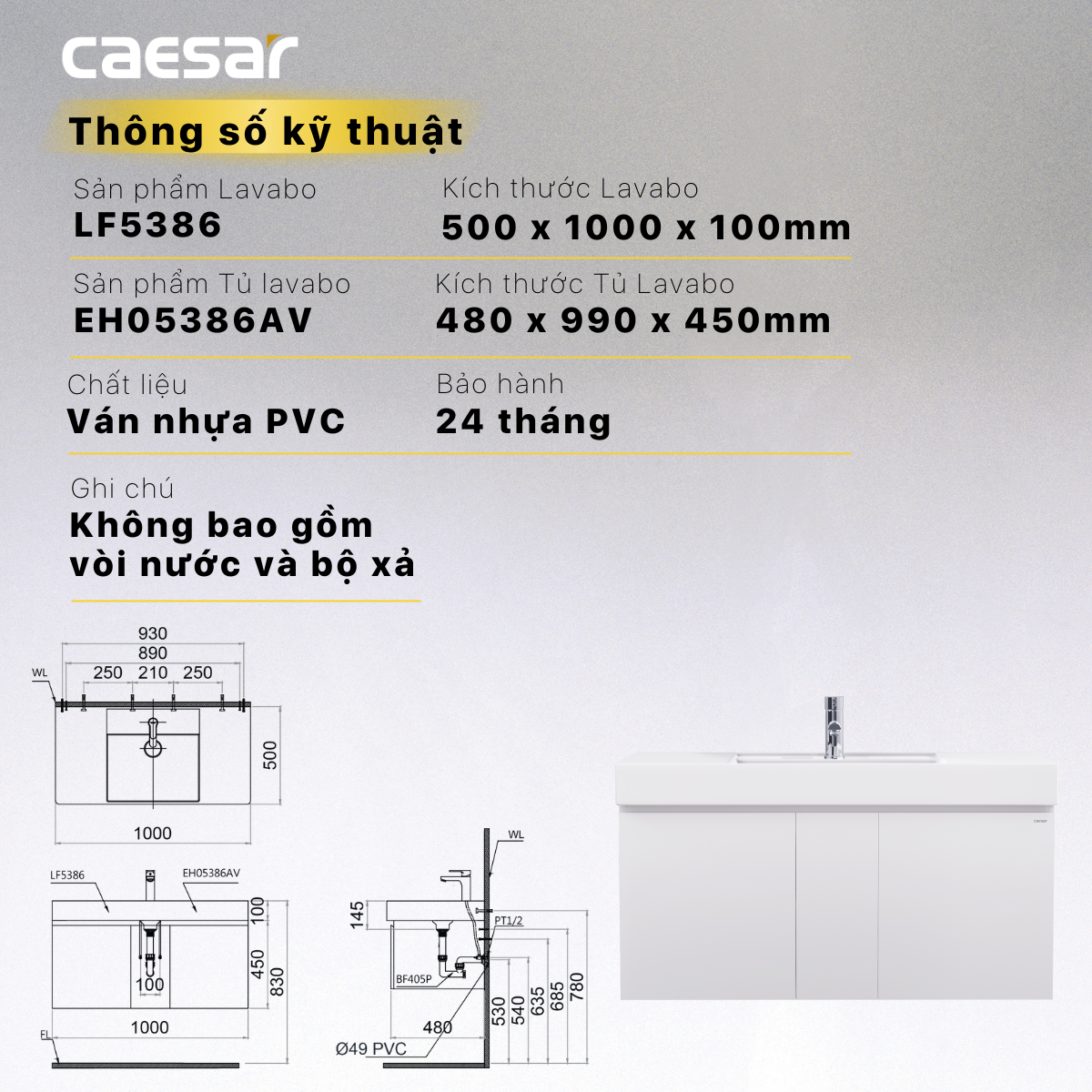 Lavabo + Tủ treo - LF5386 + EH05386AV - Ảnh 15