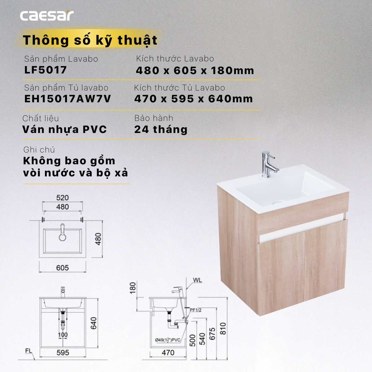 Lavabo + Tủ treo LF5017 + EH15017AW7V - Ảnh 15