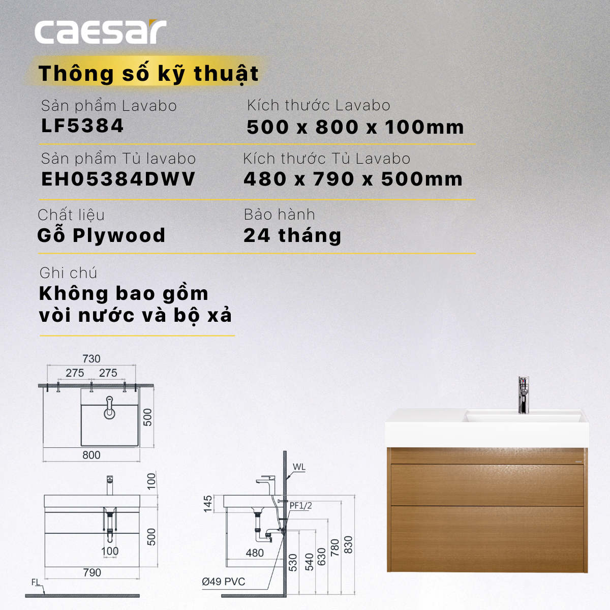 Lavabo + Tủ treo - LF5384 + EH05384DWV - Ảnh 16