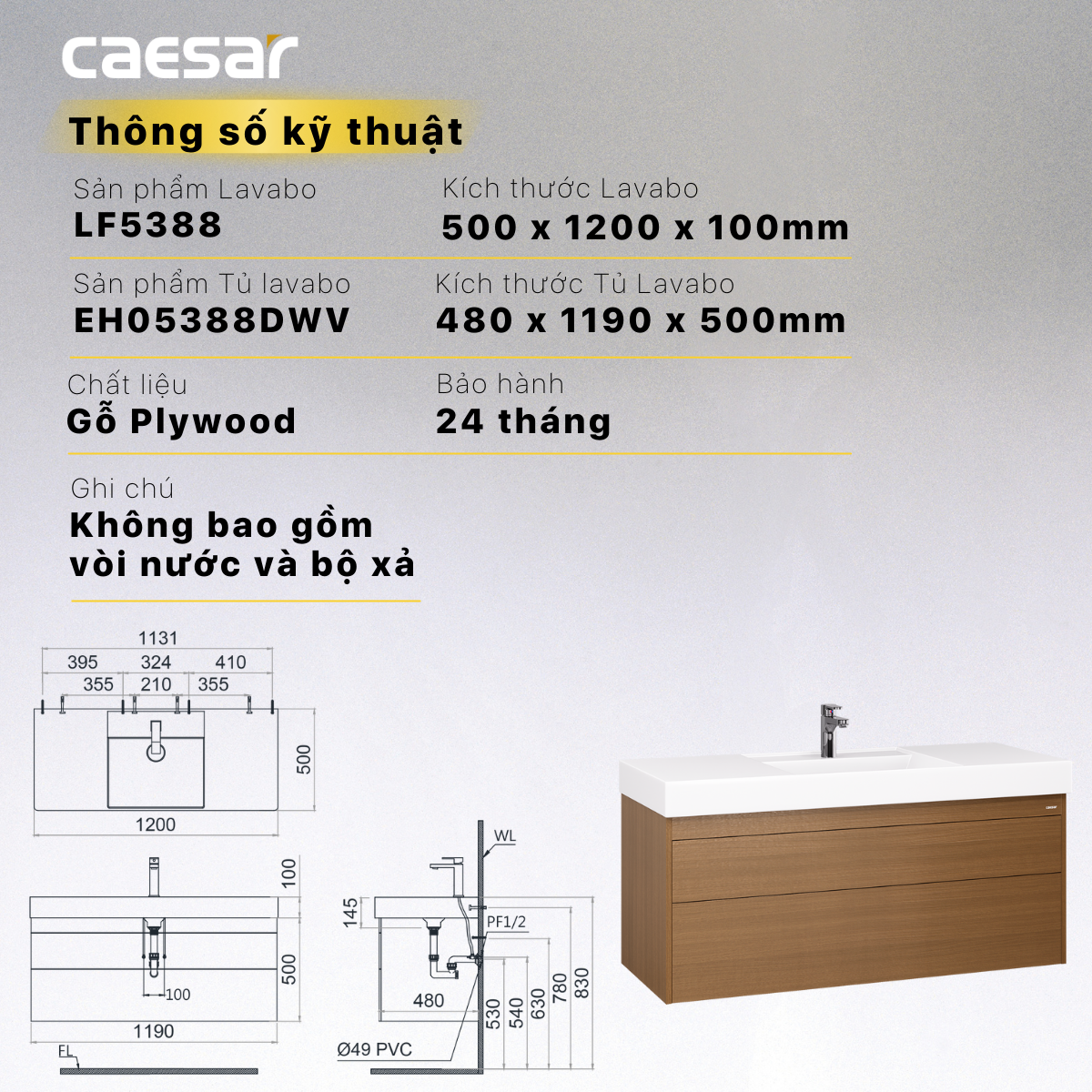 Lavabo + Tủ treo - LF5388 + EH05388DWV - Ảnh 16