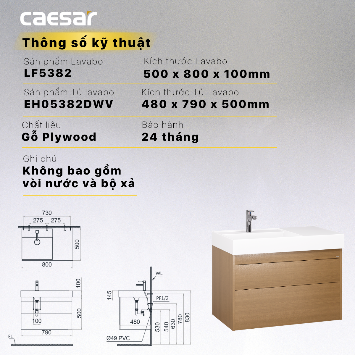 Lavabo + Tủ treo - LF5382 + EH05382DWV - Ảnh 16