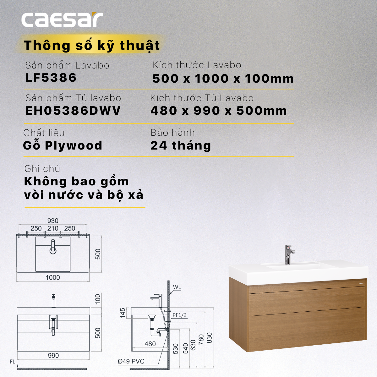 Lavabo + Tủ treo - LF5386 + EH05386DWV - Ảnh 16