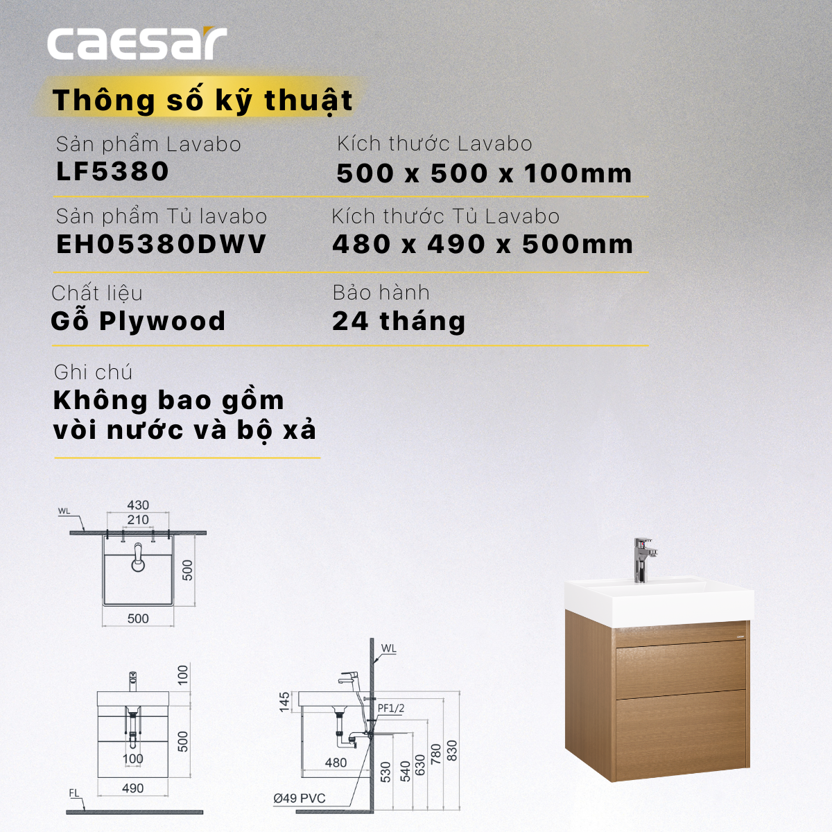 Lavabo + Tủ treo - LF5380 + EH05380DWV - Ảnh 16