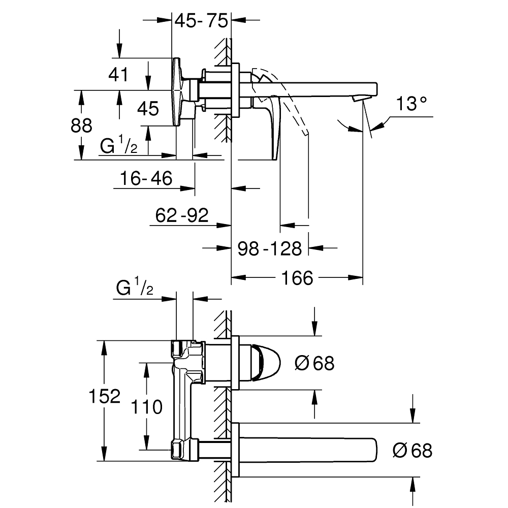 Vòi chậu gắn tường nóng lạnh 2 lỗ BauCurve GROHE 20288000 - Ảnh 3